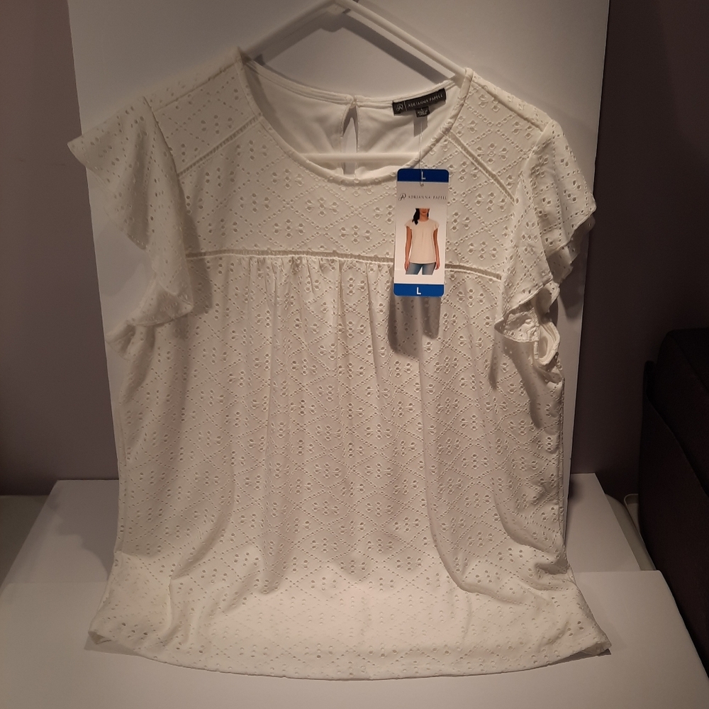 Adrianna Papelle White Eyelet Blouse, Sz L
